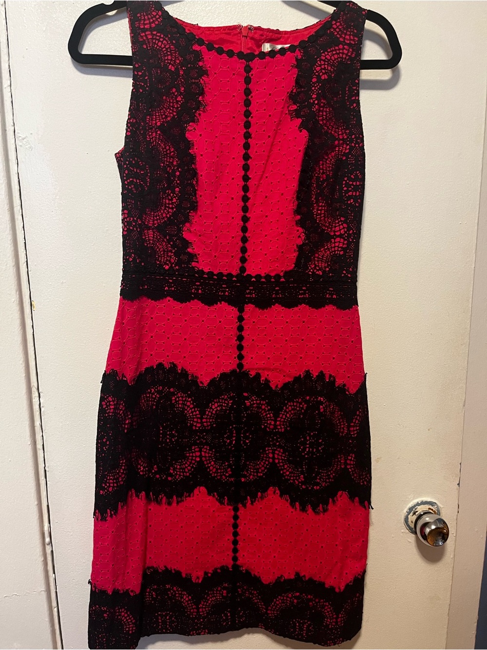 Beth Bowley Red Midi Dress with Black Lace Trim